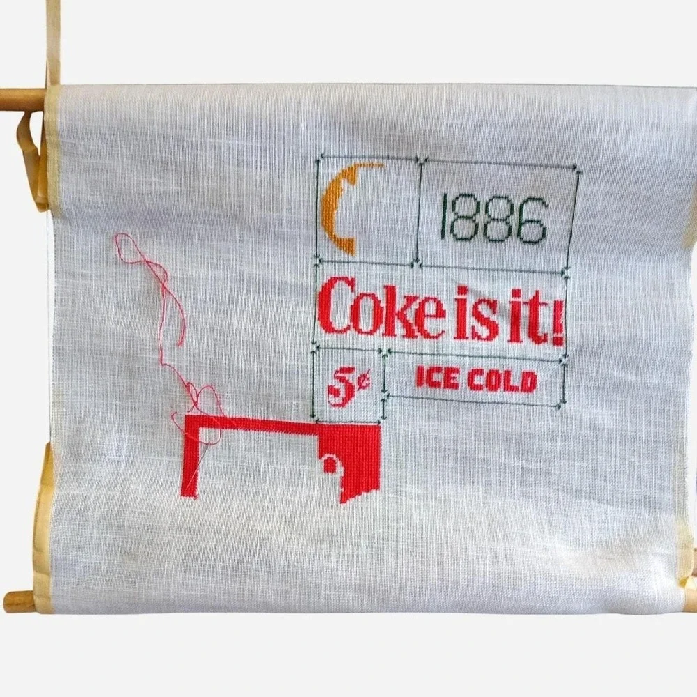 Original Coke Needle Point Tapestry Left Unfinished: Needle Is Still Attached